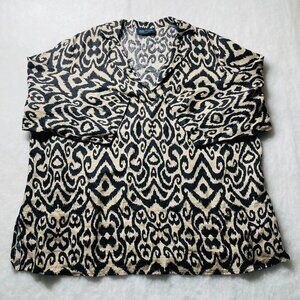 Jones New York Signature Womens Tan & Black Abstract Print Linen Top Size 3X
